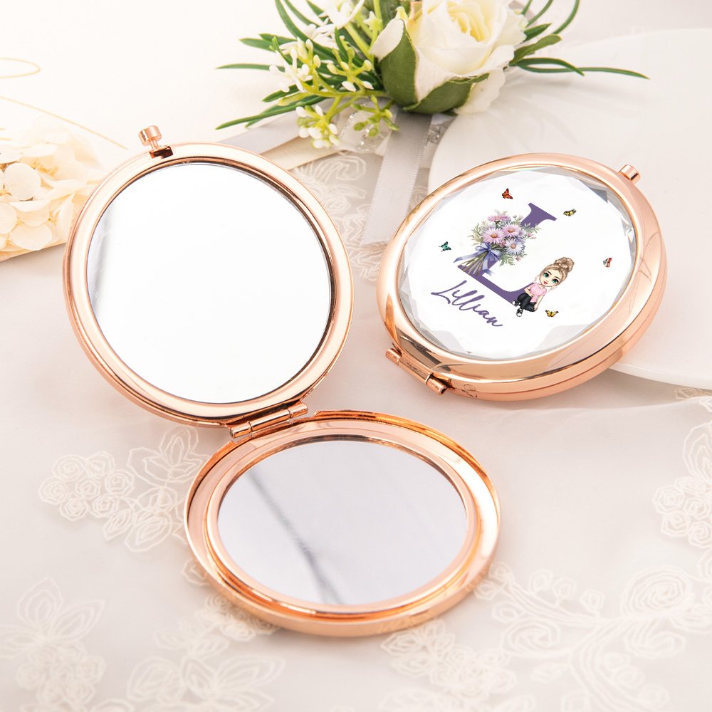 Personalized Birth Flower Cartoon Character Pocket Makeup Mirror with Name and Initial Birthday Bridesmaid Gift for Women Girls 4