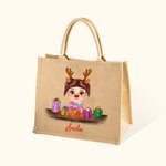 Personalizzato Cute Cartoon Reindeer Elf Girl Boy Receiving Gift Box Jute Tote Bag con nome Christmas Party Birthday Gift for Kids