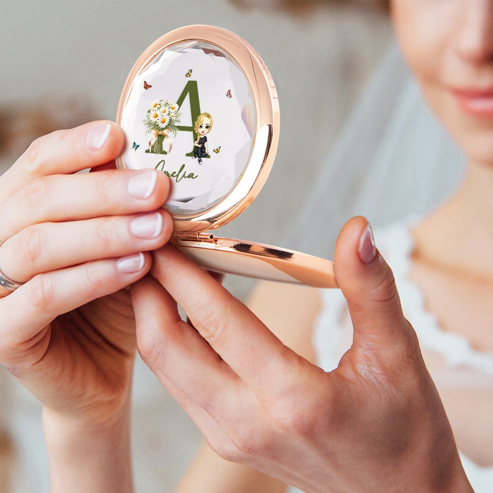Personalized Birth Flower Cartoon Character Pocket Makeup Mirror with Name and Initial Birthday Bridesmaid Gift for Women Girls 3