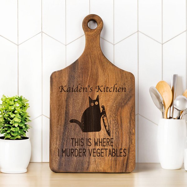 Personalized Engraved Cat Murder Vegetable Wooden Bamboo Reversible Charcuterie Cutting Board with Grip Housewarming Birthday Gift for Cat Lovers