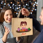 Personalizzato Cute Cartoon Reindeer Elf Girl Boy Receiving Gift Box Jute Tote Bag con nome Christmas Party Birthday Gift for Kids