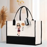 Personalised Golf Cartoon Character Large Canvas Tote Bag with Name and Birth Flower Travel Essentials Birthday Gift for Golf Lovers Women