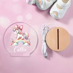 Personalisierte Regenbogen Floral Fantasy Einhorn LED-Nachtlicht mit hölzernen Basis und Name Kinderzimmer Kind Zimmer Dekoration Geburtstag Baby Dusche Geschenk für Mädchen