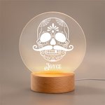 Personlig blommig sockerdödskalle LED-nattlampa med träbas Gothic heminredning Halloween Day of the Dead Present till familjen