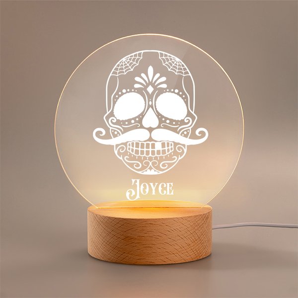 Luce notturna floreale personalizzata a LED con teschio di zucchero e base in legno Decorazione domestica gotica Regalo per la famiglia per il giorno dei morti di Halloween