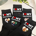 Personalised I Love My Boyfriend Girlfriend Heart Photo 100% Cotton Black Mid-calf Socks Anniversary Valentine's Day Birthday Gift for Couple
