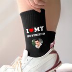 Personalised I Love My Boyfriend Girlfriend Heart Photo 100% Cotton Black Mid-calf Socks Anniversary Valentine's Day Birthday Gift for Couple