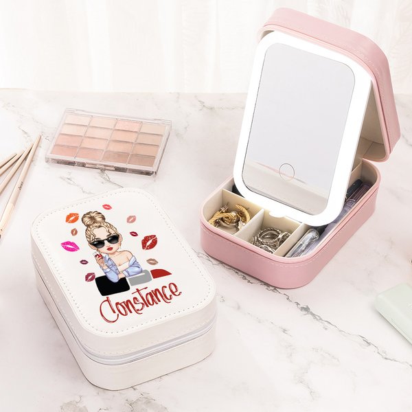 Gepersonaliseerde Lippenstift en Sieradendoos met LED Make-up Spiegel Cartoon Karakter met Naam als Verjaardags Cadeau voor Vrouwen