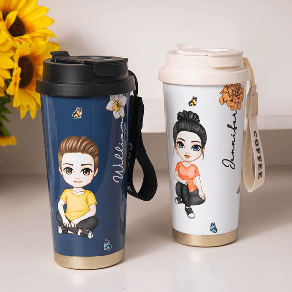 Personalisierter Isolierter Cartoon Figur Reise Kaffeebecher 500ml mit Auslaufsicheren Deckel Silikon Strohhalm Geburtstag Geschenk für Damen Kinder