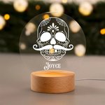 Personlig blommig sockerdödskalle LED-nattlampa med träbas Gothic heminredning Halloween Day of the Dead Present till familjen