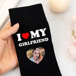 Personalised I Love My Boyfriend Girlfriend Heart Photo 100% Cotton Black Mid-calf Socks Anniversary Valentine's Day Birthday Gift for Couple
