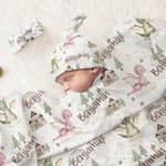 Personlig Cartoon Dragon Castle Mottaksteppe Swaddle Hat Headband Set med navn Coming Home Outfit Baby Shower Gave til nyfødte