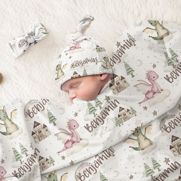 Personlig Cartoon Dragon Castle Mottaksteppe Swaddle Hat Headband Set med navn Coming Home Outfit Baby Shower Gave til nyfødte