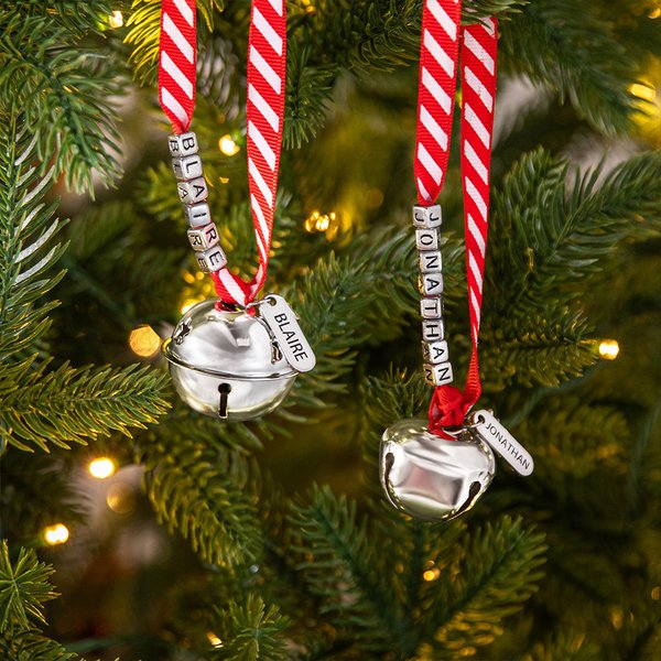 Personalized Jingle Bell Christmas Ribbon Ornament with Engraved Name Plate Beads and Card Christmas Tree Decor for Family