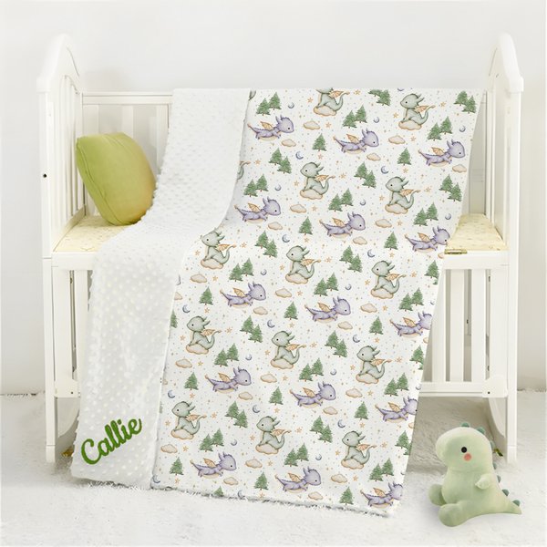 Personalized Cute Cartoon Dragon Forest Soft Baby Security Blanket with Dotted Backing and Embroidery Name Baby Shower Birthday Gift for Boys Girls