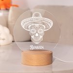 Personlig blommig sockerdödskalle LED-nattlampa med träbas Gothic heminredning Halloween Day of the Dead Present till familjen