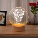 Personlig blommig sockerdödskalle LED-nattlampa med träbas Gothic heminredning Halloween Day of the Dead Present till familjen