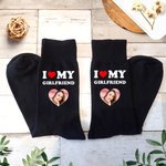 Personalised I Love My Boyfriend Girlfriend Heart Photo 100% Cotton Black Mid-calf Socks Anniversary Valentine's Day Birthday Gift for Couple