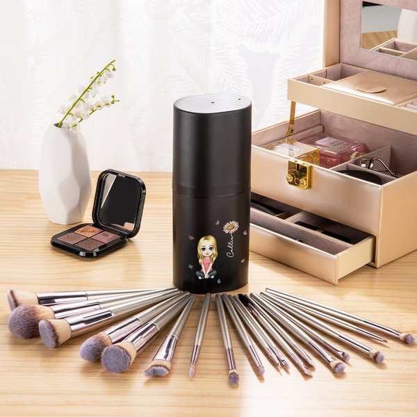 Personalised Birth Flower Name Cartoon Portable Travel 18 Pcs Makeup Brushes Set with Storage Barrel Birthday Bridesmaid Gift for Women