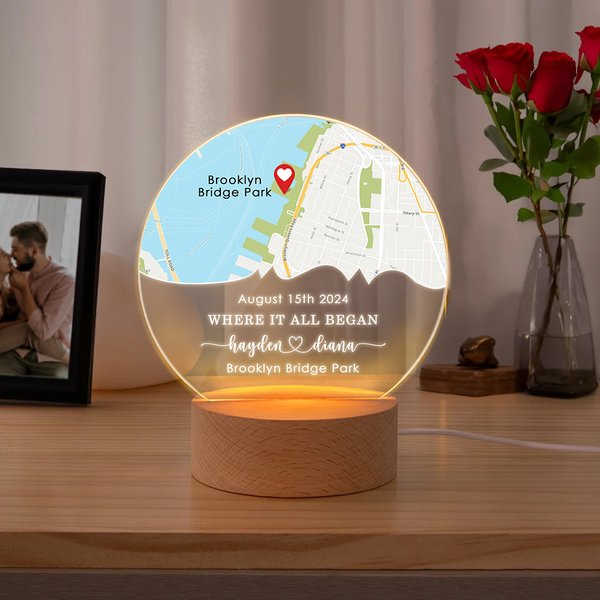 Personalisert Where It All Began Map LED-nattlys med trebase Navn Adresse og dato Jubileum Valentinsdag gave til par
