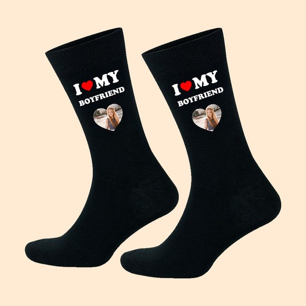 Personalised I Love My Boyfriend Girlfriend Heart Photo 100% Cotton Black Mid-calf Socks Anniversary Valentine's Day Birthday Gift for Couple