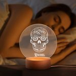 Personlig blommig sockerdödskalle LED-nattlampa med träbas Gothic heminredning Halloween Day of the Dead Present till familjen