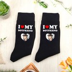 Personalised I Love My Boyfriend Girlfriend Heart Photo 100% Cotton Black Mid-calf Socks Anniversary Valentine's Day Birthday Gift for Couple