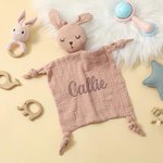 Personalized Cute Bunny Bear Lion Cotton Muslin Soft Baby Loveys Security Blanket with Embroidery Name Baby Shower Birthday Gift for Boys Girls