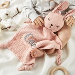 Personalized Cute Bunny Bear Lion Cotton Muslin Soft Baby Loveys Security Blanket with Embroidery Name Baby Shower Birthday Gift for Boys Girls