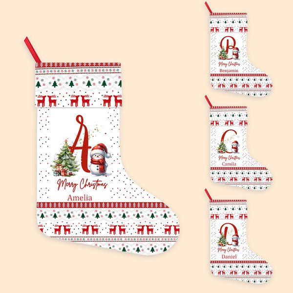 Personalised Cute Holly Hat Snowman Merry Christmas Stocking with Initial and Name Holiday Tree Fireplace Decor Family Party Gift for Kids