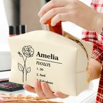 Personalized Line Birth Flower Name Definition Leather Makeup Bag Pouch with Text Birthday Bridesmaid Gift for Women