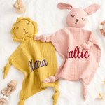 Personalized Cute Bunny Bear Lion Cotton Muslin Soft Baby Loveys Security Blanket with Embroidery Name Baby Shower Birthday Gift for Boys Girls