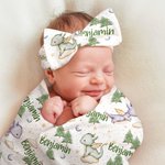 Personalized Cute Cartoon Dragon Forest Receiving Blanket Swaddle Hat Headband Set with Name Coming Home Outfit Baby Shower Gift for Newborns