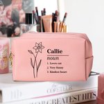 Personalized Line Birth Flower Name Definition Leather Makeup Bag Pouch with Text Birthday Bridesmaid Gift for Women