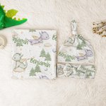 Personalized Cute Cartoon Dragon Forest Receiving Blanket Swaddle Hat Headband Set with Name Coming Home Outfit Baby Shower Gift for Newborns