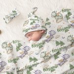 Personalized Cute Cartoon Dragon Forest Receiving Blanket Swaddle Hat Headband Set with Name Coming Home Outfit Baby Shower Gift for Newborns