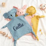 Personalized Cute Bunny Bear Lion Cotton Muslin Soft Baby Loveys Security Blanket with Embroidery Name Baby Shower Birthday Gift for Boys Girls