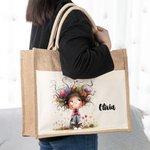 Sac en Toile de Jute Réutilisable Personnalisé avec Nom Motif Fille Excentrique Pochette Frontale Cadeau d'Anniversaire pour Filles Femmes