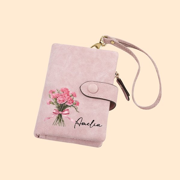 Personlig fødselsblomstbukett Tri-fold Wristlet Wristlet Name Wallet med kortholder Bursdagsgave til kvinner