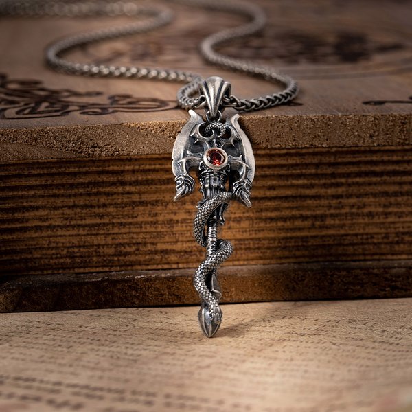 Personalised Axe and Snake Birthstone Necklace Gothic Jewellery Birthday Anniversary Father's Day Gift for Men Boys
