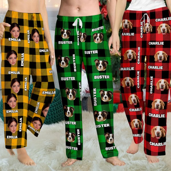 Personalized Plaid Avatar Pet Portrait Long Pajama Pants with Name and Drawstring Christmas Birthday Gift for Kid Women Men Pet Lovers