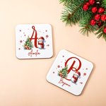 Personalized Cute Snowman Snowflake Initial Absorbent Wooden Square Coaster with Name Holiday Party Table Decor Christmas Gift for Kids Family