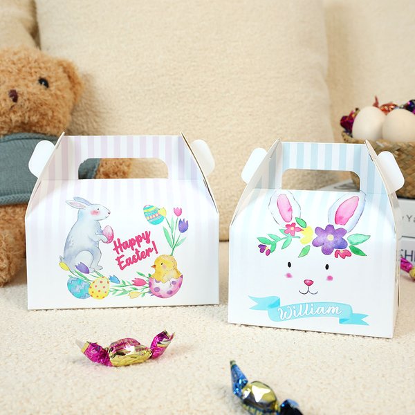 Personalized Watercolor Cute Floral Bunny Egg Name Candy Treat Gift Box with Handle Holiday Decor Easter Party Favor Supplies for Kids