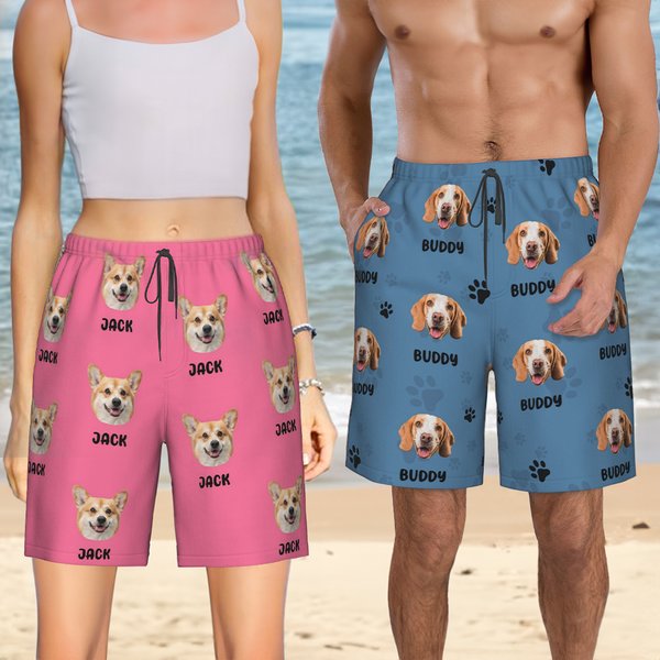 Personnalisé Chien Visage Chat Photo Nom Séchage Rapide Maillot de bain Short de plage avec doublure en maille Cadeau de vacances pour les femmes Cade