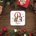 Personalized Cute Snowman Snowflake Initial Absorbent Wooden Square Coaster with Name Holiday Party Table Decor Christmas Gift for Kids Family