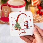Personalized Cute Snowman Snowflake Initial Absorbent Wooden Square Coaster with Name Holiday Party Table Decor Christmas Gift for Kids Family