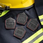 Personalized Genuine Leather Firefighter Helmet Shield Keychain Airtag HID Prox Key Holder with Engraved Texts Birthday Gift for Fireman