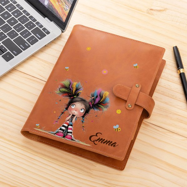 Personalizado Cute Whimsical Quirky Girl A5 PU Leather Notebook Cover with Name and Storage Pocket Birthday School Office Supply Gift for Girls Women