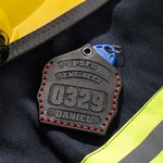 Personalized Genuine Leather Firefighter Helmet Shield Keychain Airtag HID Prox Key Holder with Engraved Texts Birthday Gift for Fireman