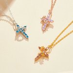 Personalised Crown Birthstone Cross Necklace Jesus Jewellery Birthday Christian Baptism Gift for Woman